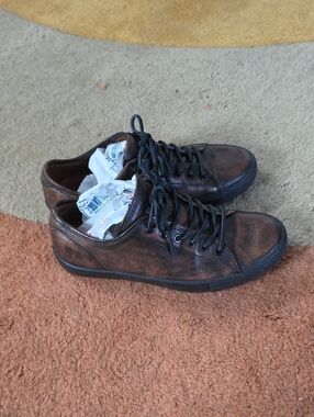 Men’s Frye Brett Low Top Casual Black Brown Leather Sneakers W Logo Size 8.5 M